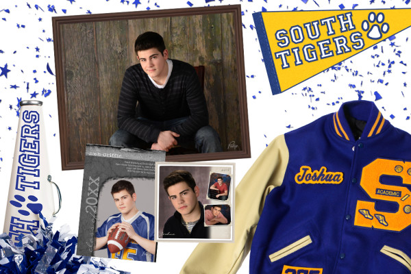 Collage of boy senior photos next to letter jacket and school pennant