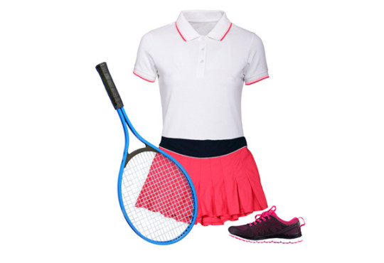 White polo shirt, pink tennis skirt, tennis racket, and black tennis shoes