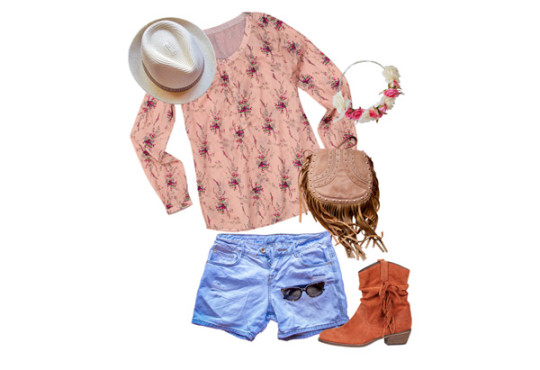 White hat, pink floral shirt, blue jean shorts, floral headband, brown purse, and brown cowgirl boots