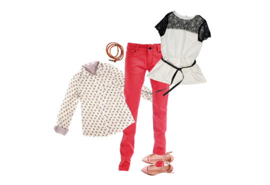 Pink jeans, white button up, white and black blouse, bracelet and pink sandals