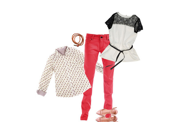 Pink jeans, white button up, white and black blouse, bracelet and pink sandals