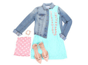 Blue dress, jean jacket, pink jewerly, pink polkadot scarf, and pink sandals