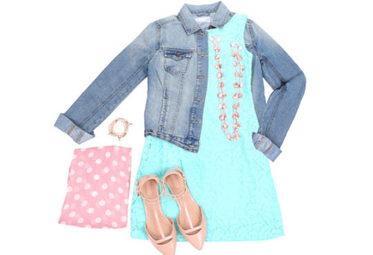 Blue dress, jean jacket, pink jewerly, pink polkadot scarf, and pink sandals