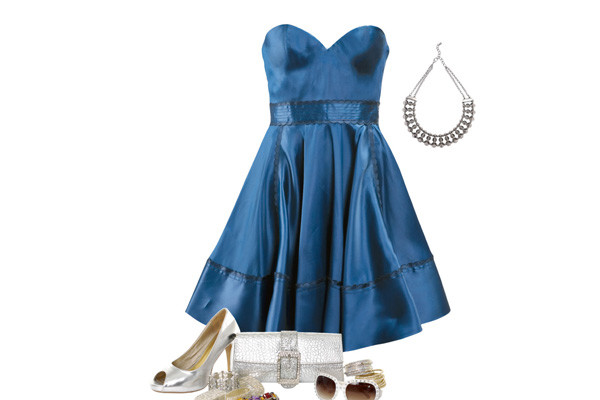 Blue formal dress, silver necklace, silver high heels, silver sunglasses, and silver clutch bag