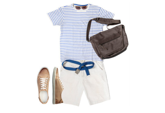 Blue and white striped shirt, khaki shorts, brown messenger bag, blue belt, and brown loafers