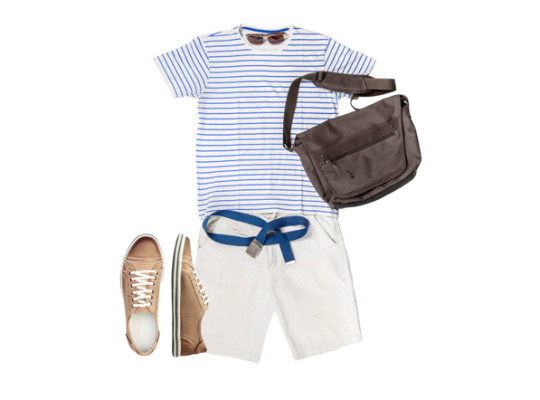 Blue and white striped shirt, khaki shorts, brown messenger bag, blue belt, and brown loafers