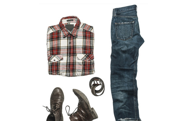 Red and white flannel shirt, blue jeans, black belt, and black boots