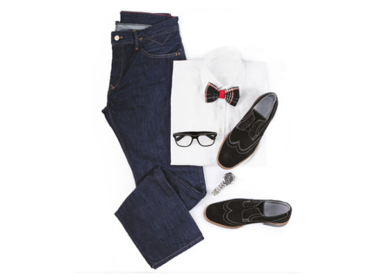 Blue jeans, white shirt, bow tie, black frame glasses, black dress shoes, and watch