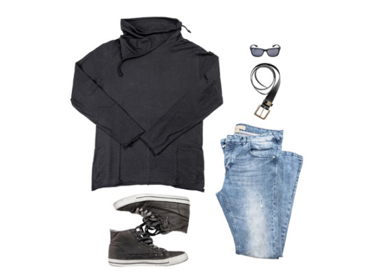 Black sweatshirt, blue jeans, black belt, sunglasses, and black converse shoes